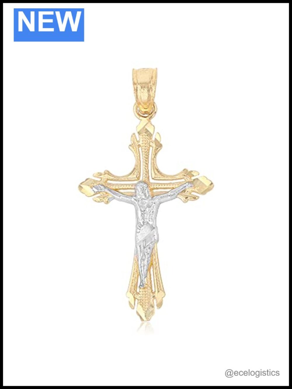14K Solid Two Tone Gold Jesus Crucifix Cross Pendant 25mm Small Religious Charm